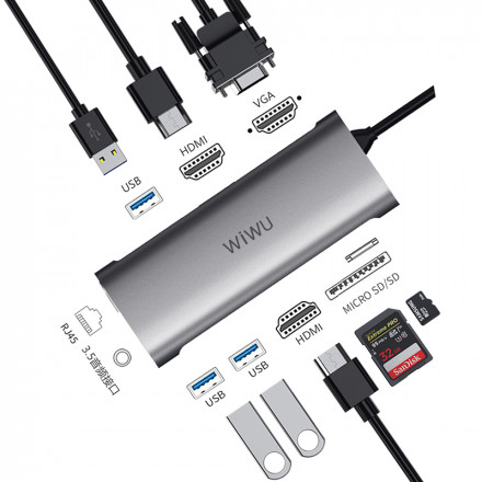 Хаб WiWU Alpha A11312H Type-C to 3 x USB + 2 x HDMI + VGA + RJ45 + AUX 3.5 + Cardreader 10 in 1
