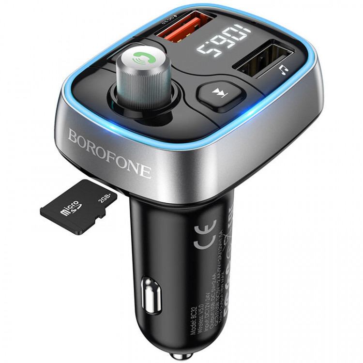 FM-трансмиттер Borofone BC32 Sunlight с поддержкой microSD, USB-флешки и быстрой зарядкой QC3.0 18 Вт