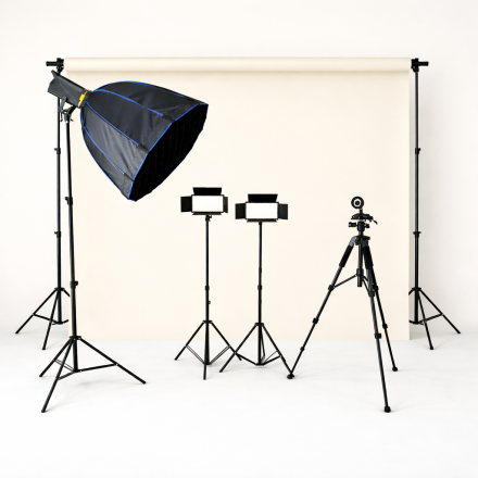 Комплект студийного освещения Home Studio Max с фоном 2x3м — Bediro T200 Pro 200W, Octobox 70 см, 2× RGB LED U600 PRO, стойки, штатив и MagSafe держатель