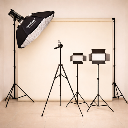 Профессиональный студийный свет Pro Studio Max с фоном: Bediro TJ300II + октобокс 95см + 2×RGB LED панели (U880+ PRO и U600+ PRO) + бумажный фон 2×3м + стойки + штатив F-660TK