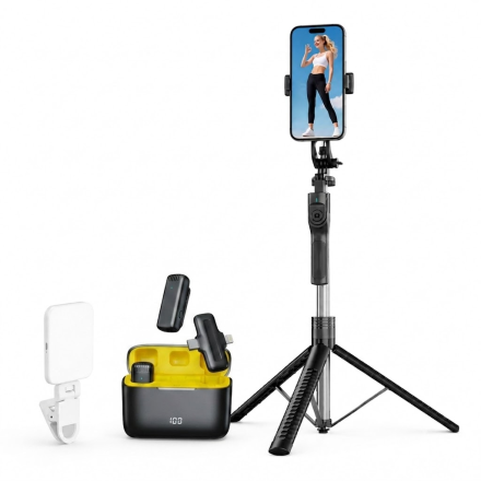Набор блогера 3-в-1: Монопод-штатив K50 (1.9 м) + Петличный микрофон J13 Pro + LED-видеосвет W78