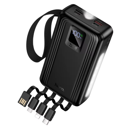 Мощный повербанк Hoco J173 20000mAh с быстрой зарядкой 22.5W, встроенными кабелями и двойным LED-фонариком