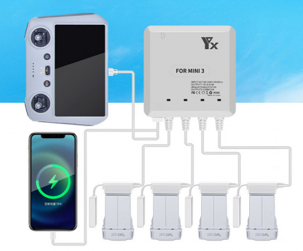 Зарядное устройство для 4-х аккумуляторов DJI Mini 3 / Mini 3 Pro / Mini 4 Pro, пульта и смартфона (YX)