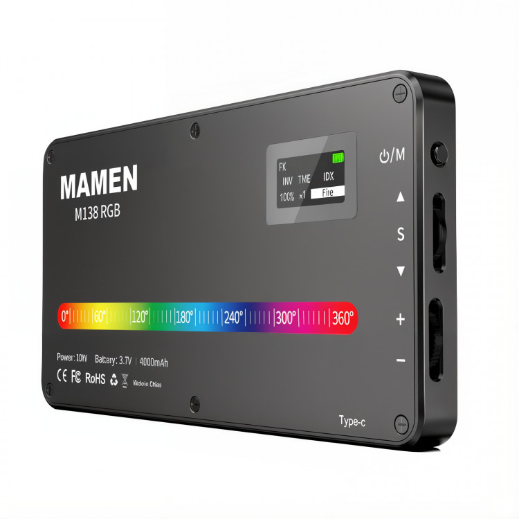 Накамерный свет Mamen M138 RGB — 10 Вт, 2500–9000K, CRI 95, TLCI 97, аккумулятор 4000 мАч