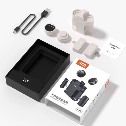 Беспроводной петличный микрофон S60 (2 передатчика + приёмник Lightning/USB-C, кейс-зарядка, шумоподавление)
